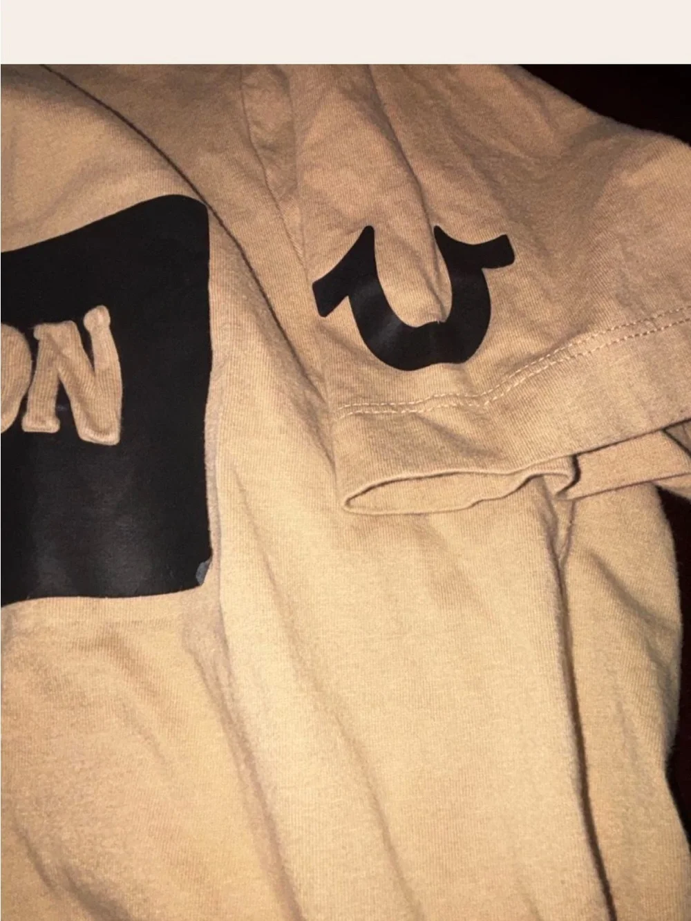 True Religion Beige Tee with Black Logo Banner